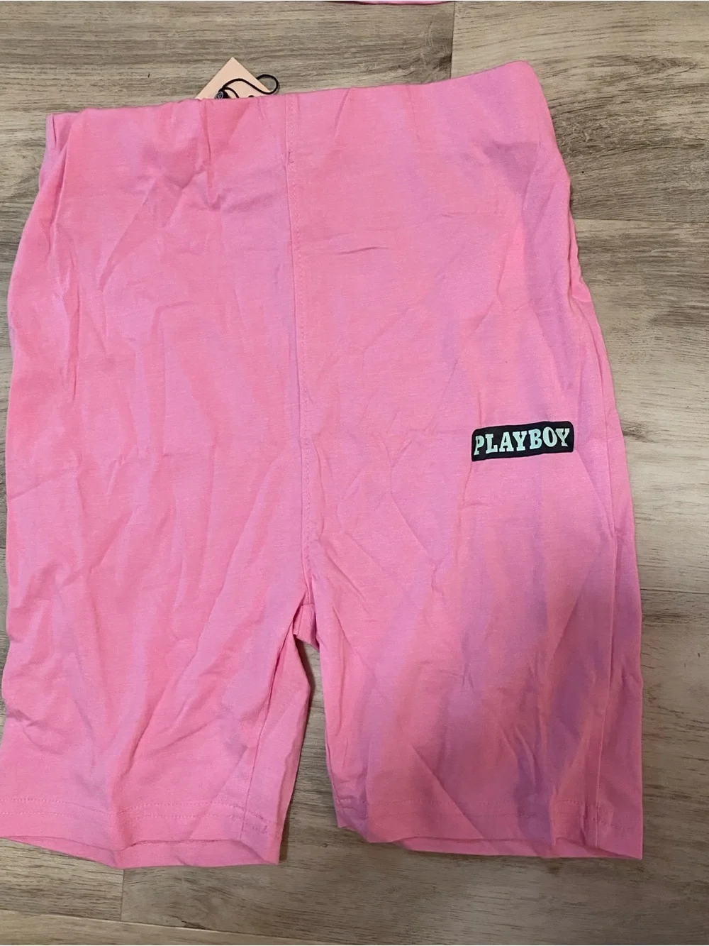 Missguided x PLAYBOY Pink Spaghetti-Strap Crop Top & High-Waist Bike Shorts set